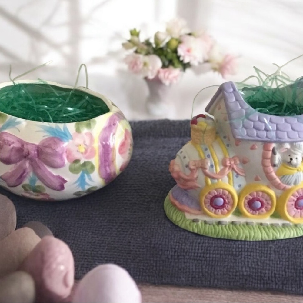 Vintage Ceramic Spring Decor Accents in Pastel Baby Pink and Purple